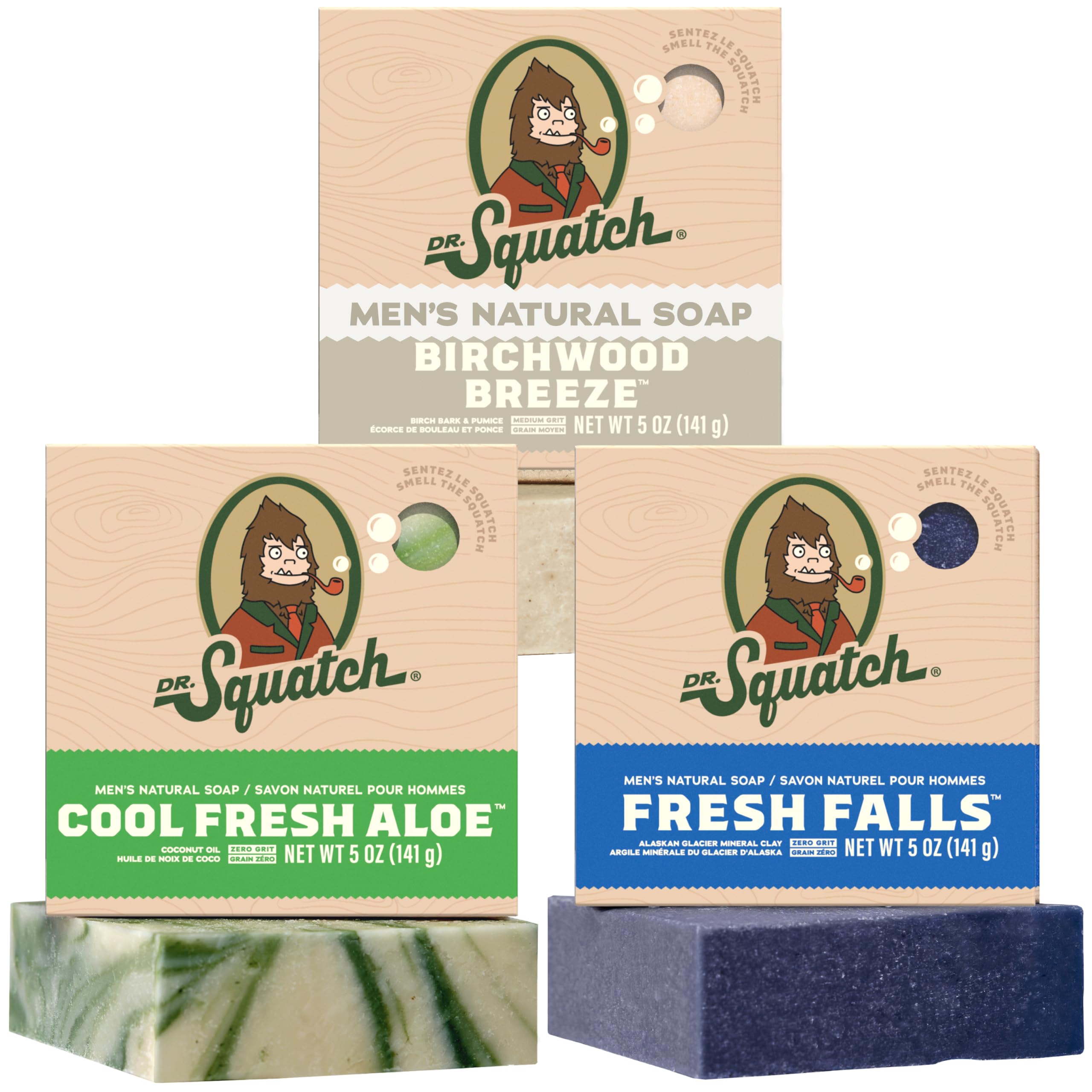 Dr. Squatch Natural Men’s Bar Soap - Cold Process Body Soap Bar with Natural Oils - Gifts for Men - Birchwood Breeze, Cool Fresh Aloe, Fresh Falls (142g, 3 pack)