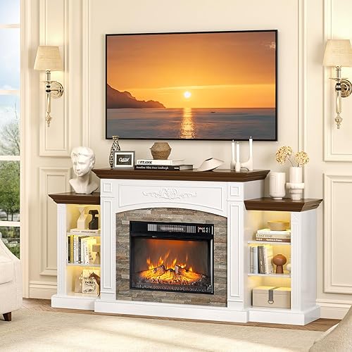 VINGLI 70'' Fireplace TV Stand for 80 inch TVs, Electric Fireplace with Mantel, Modern Entertainment Center with LED, TV Console Table with Adjustable Shelves, Living Room, Distressed White & Barnwood