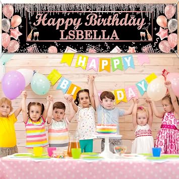 Lonfliness Personalized Birthday Banner Happy Birthday Party Decor Custom DIY Rose and Gold Black Birthdays Backdrop with Name Alphabet Letter Sticker Happy Birthdays Sign Party Supplies for Men Women