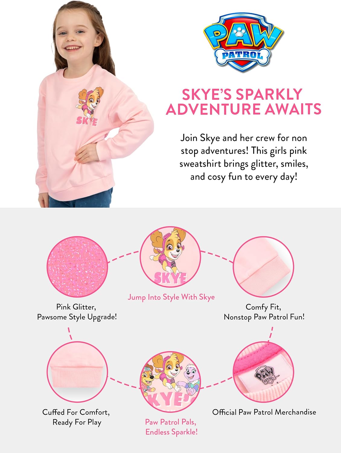 Paw Patrol Sweatshirt | Girls' Sweaters | Skye Sweatshirt For Girls | Glittery Kids Jumper