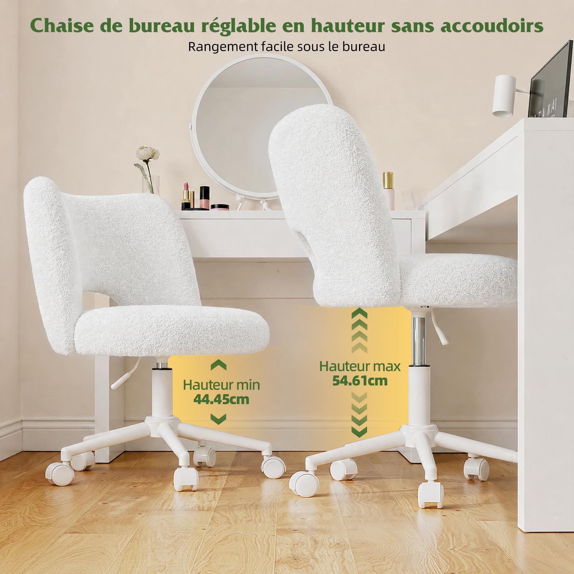Chaise de Bureau en Roues, Chaise de Maquillage en Peluche Respirante, Chaise de Bureau Réglable en Hauteur, Chaise Pivotante pour Chambre, Salon, en Cadeau pour la Famille, 200kg, Blanc