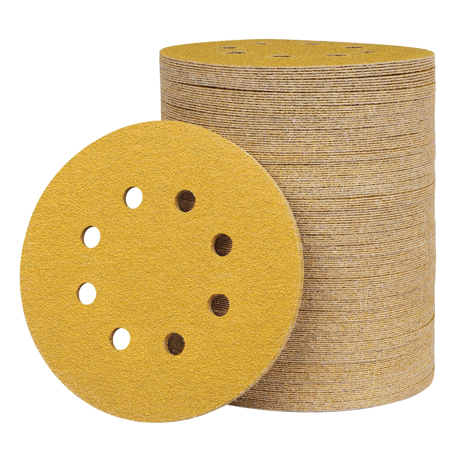 100PCS 5 Inch 8 Hole Sanding Discs 100 Grit,Gold Round Hook and Loop Sandpaper for Random Orbital Sander