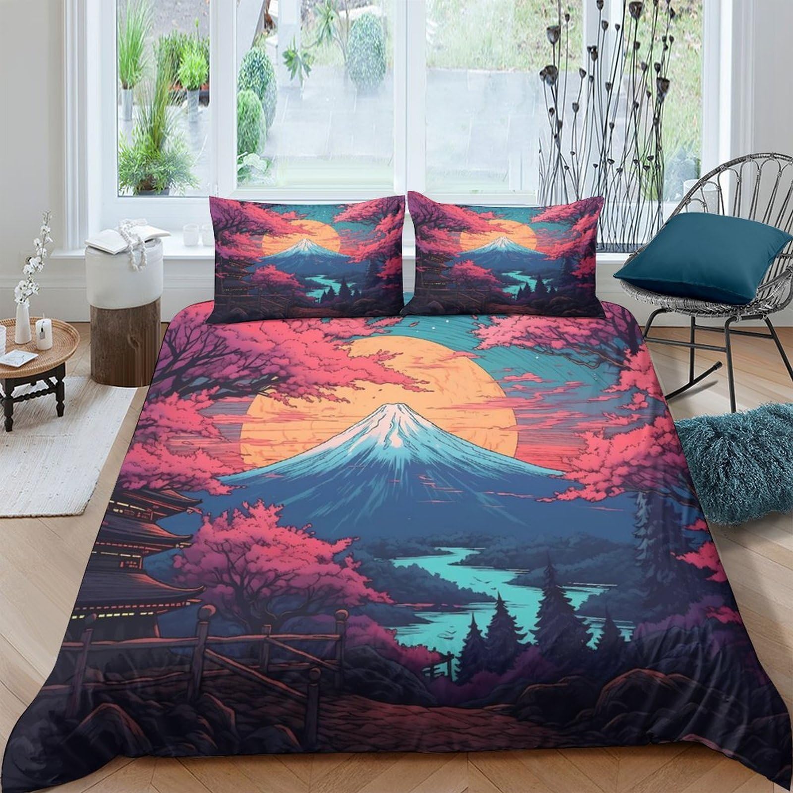 Ctjqhvkz Style-2 3D Printed Sunset Mountain Fitted Sheet Microfiber Soft Washable River Forest Bed Cover For Bedroom Guestroom Single（135X200cm）