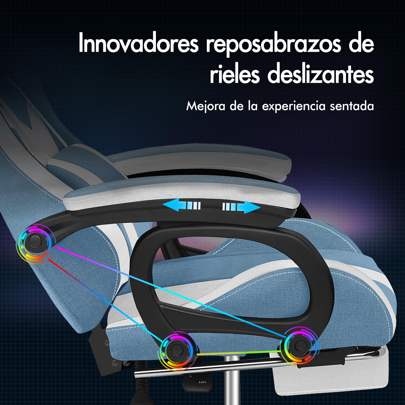 ALFORDSON Silla Gaming con Masaje y LED, Silla Gamer Ergonómica con Cojín Lumbar y Cervical, Reposapiés Telescópico, Iluminación para Ordenador, Videojuego, Juegos, Oficina, Lino(Azul y Blanca)
