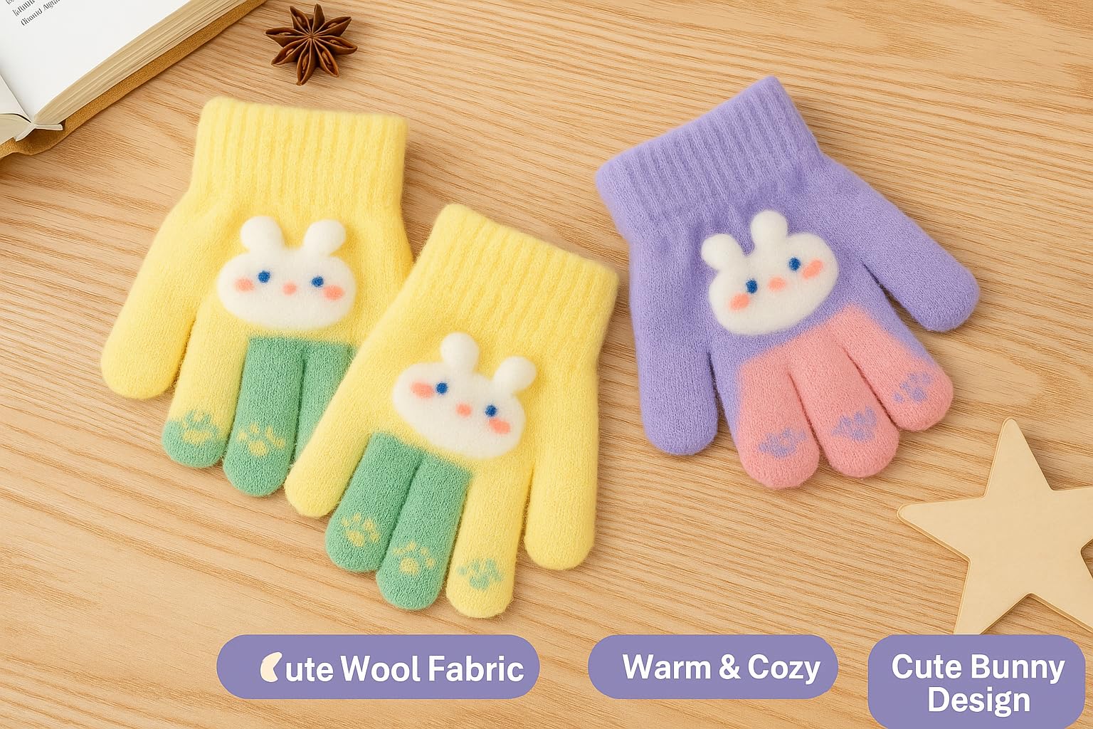 Lyonardo Winter Cold Weather Childern Girls Boys hand gloves Woolen (For age 5-10 years only) (Yellow and Light purple combo, 5-10 YEARS) - Image 3 thumbnail