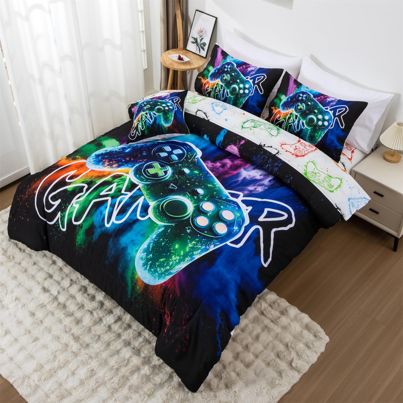 Aimuan Set di biancheria da letto per videogiochi, con controller 3D, per ragazzi, console di gioco, pulsanti d'azione, novità colorata, decorazione moderna per la stanza (nero-verde, doppio, 6 pezzi)