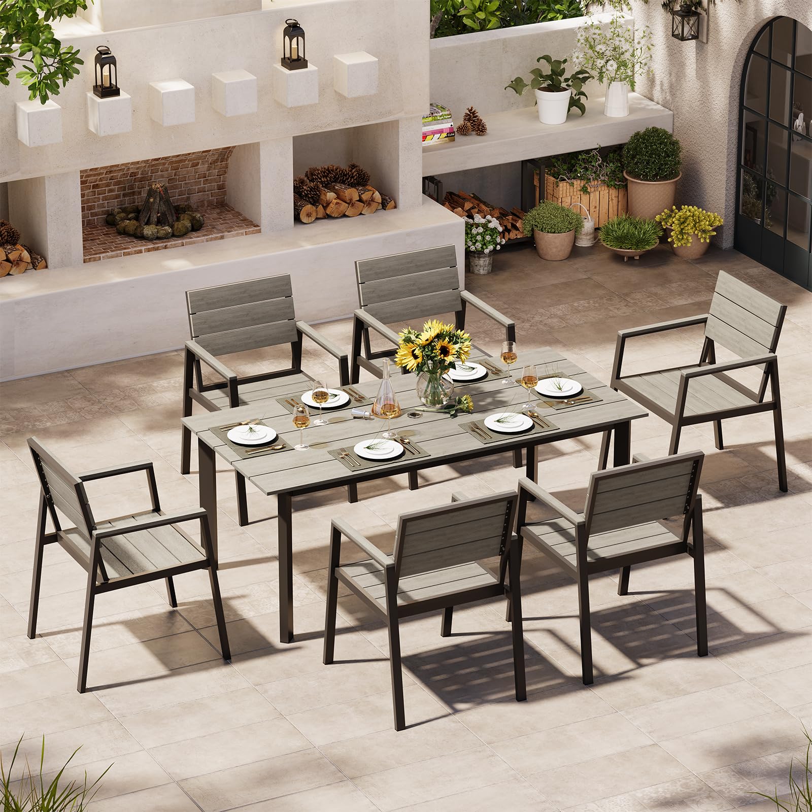 Oasbira Outdoor Dining Set for 6, Patio Table and Chairs Set with Umbrella Hole, 7 Pieces HDPS Outdoor Furniture Sets for Patio, Garden, Backyard (Gray)
