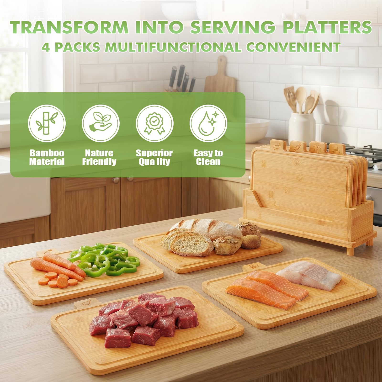 Set di 4 taglieri grandi in bambù, con supporto, con icone del cibo e scanalatura per succhi, ideale per carne, pesce, pane e verdure