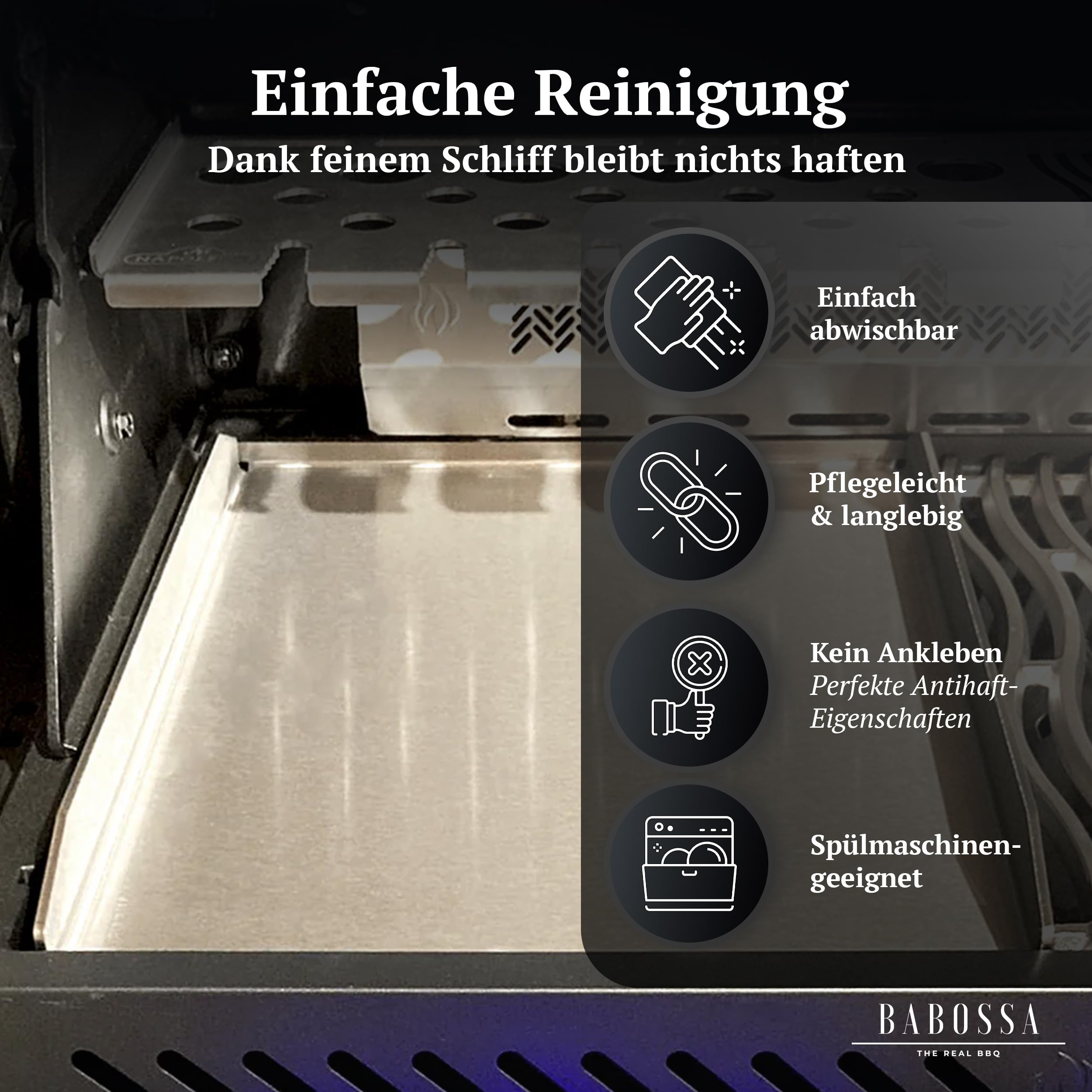 BABOSSA Grill Plancha aus V2A Edelstahl 23.5 x 44.5 cm – Erstklassige Verarbeitung & perfekte Hitzeverteilung –kompatibel mit Rösle Vario Edition – Teppanyaki Platte 100% Made in Germany