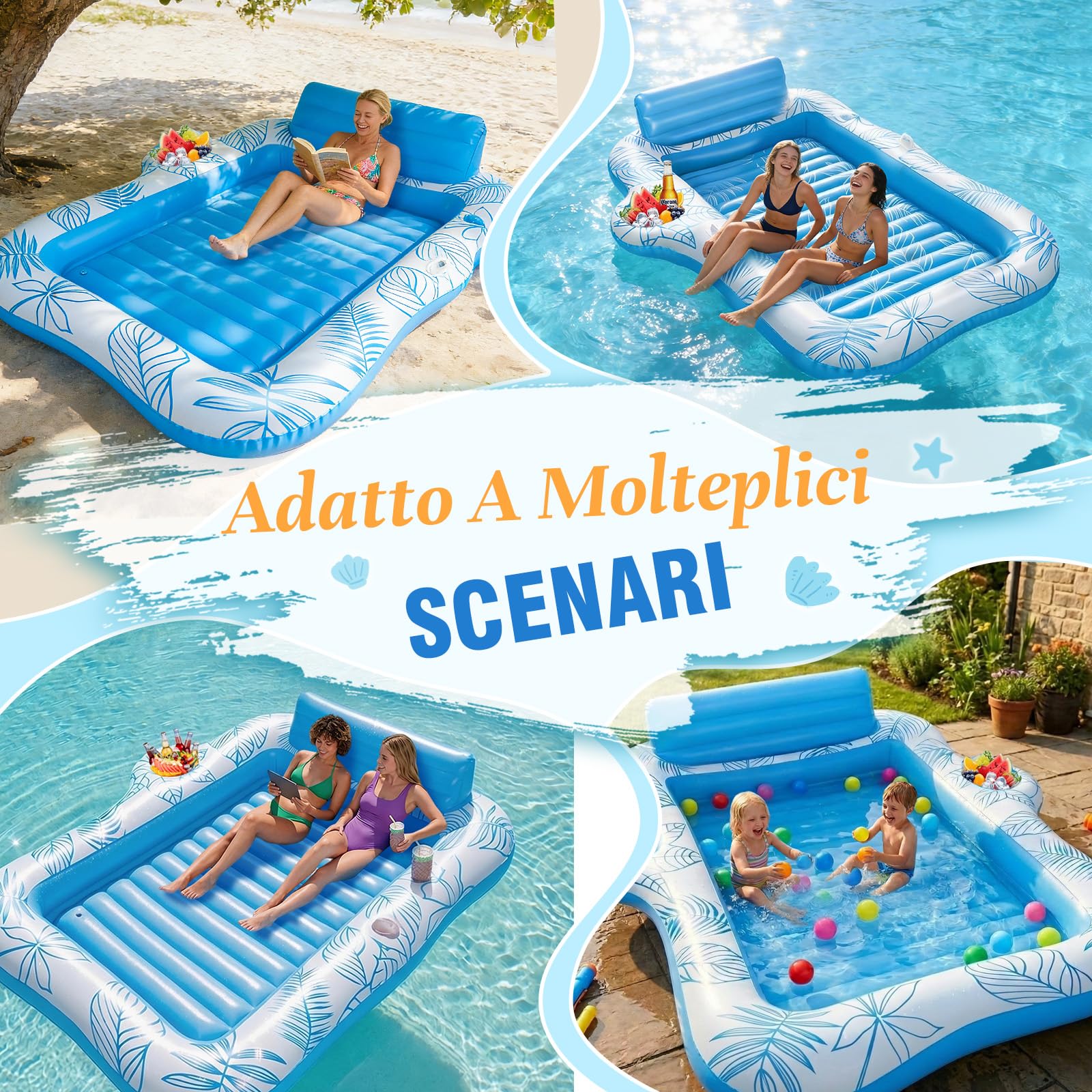 Charmofun Materassino Gonfiabile Abbronzante, 230 * 180 cm Materassino Gonfiabile Piscina con Custodia Impermeabile e Bar del Ghiaccio, Lettino Abbronzante Zattera Piscina per Spiaggia Festa