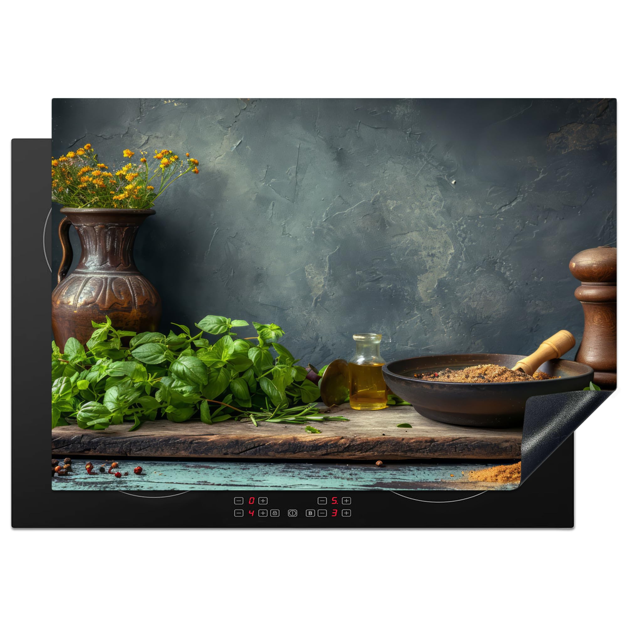 KitchenYeah© Herdabdeckplatte Einteilig Ceranfeld Abdeckplatte für Induktionsschutz Ceranfeldabdeckung Vinyl Herdabdeckplatten Küche - Blätter - Regal - Beton - 75x52 cm