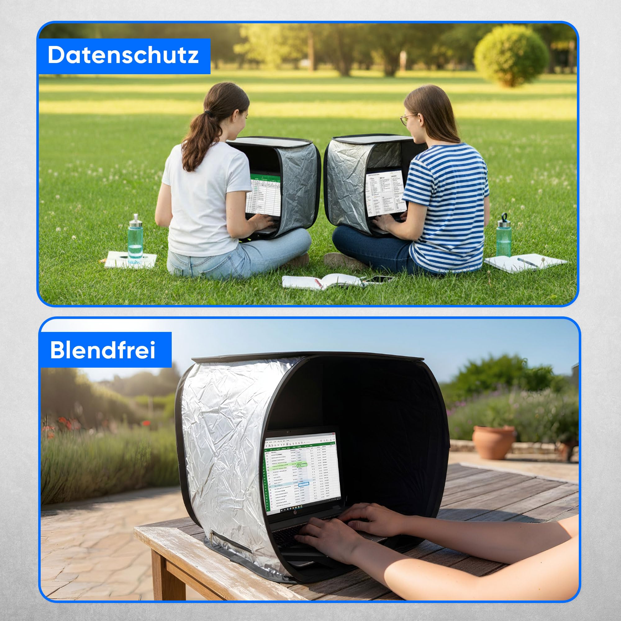 ReFind Sonnenschutz für Laptop - Blendschutz für Arbeit im Freien. Mit Sichtschutz, Hitzeschutz und Wetterschutz. Laptop-Haube geeignet für Laptop, iPhone, Tablet, iPad.
