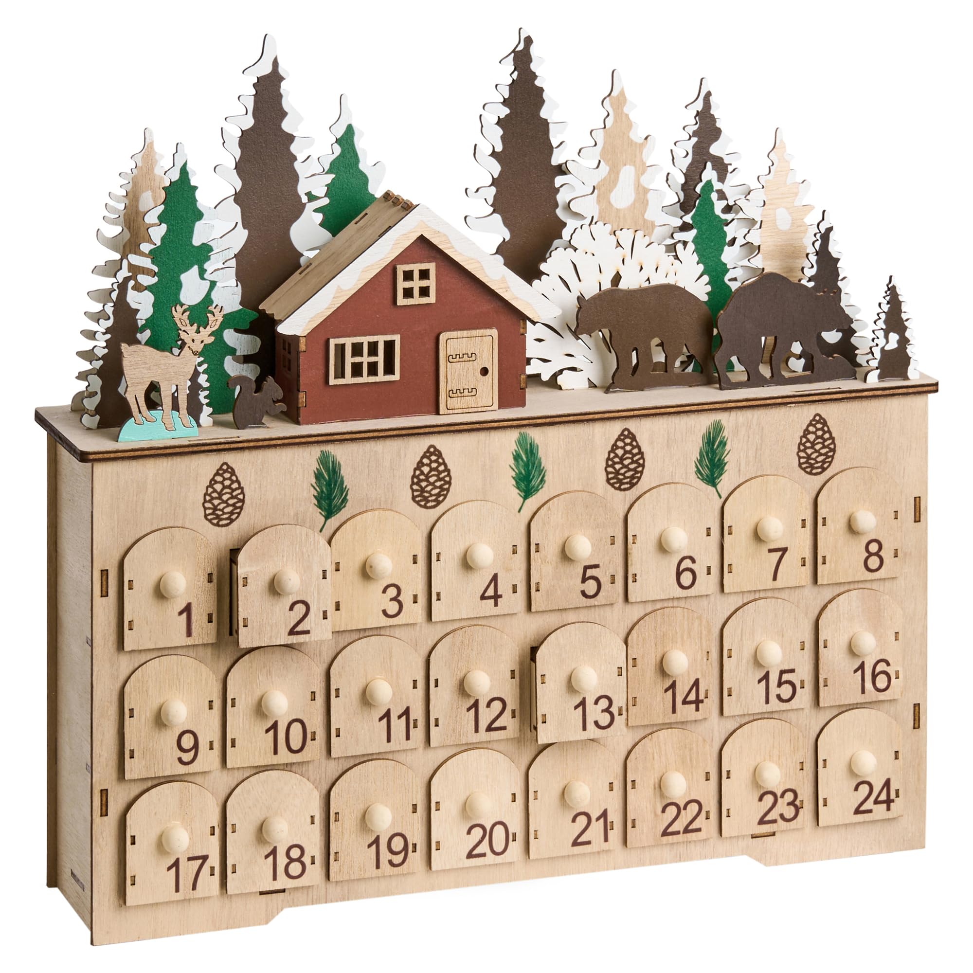 Weihnachtsdekoration Holz beleuchtet mit LED-Lichtern Adventskalender batteriebetrieben winterliche Landschaft Hellbraun Helin