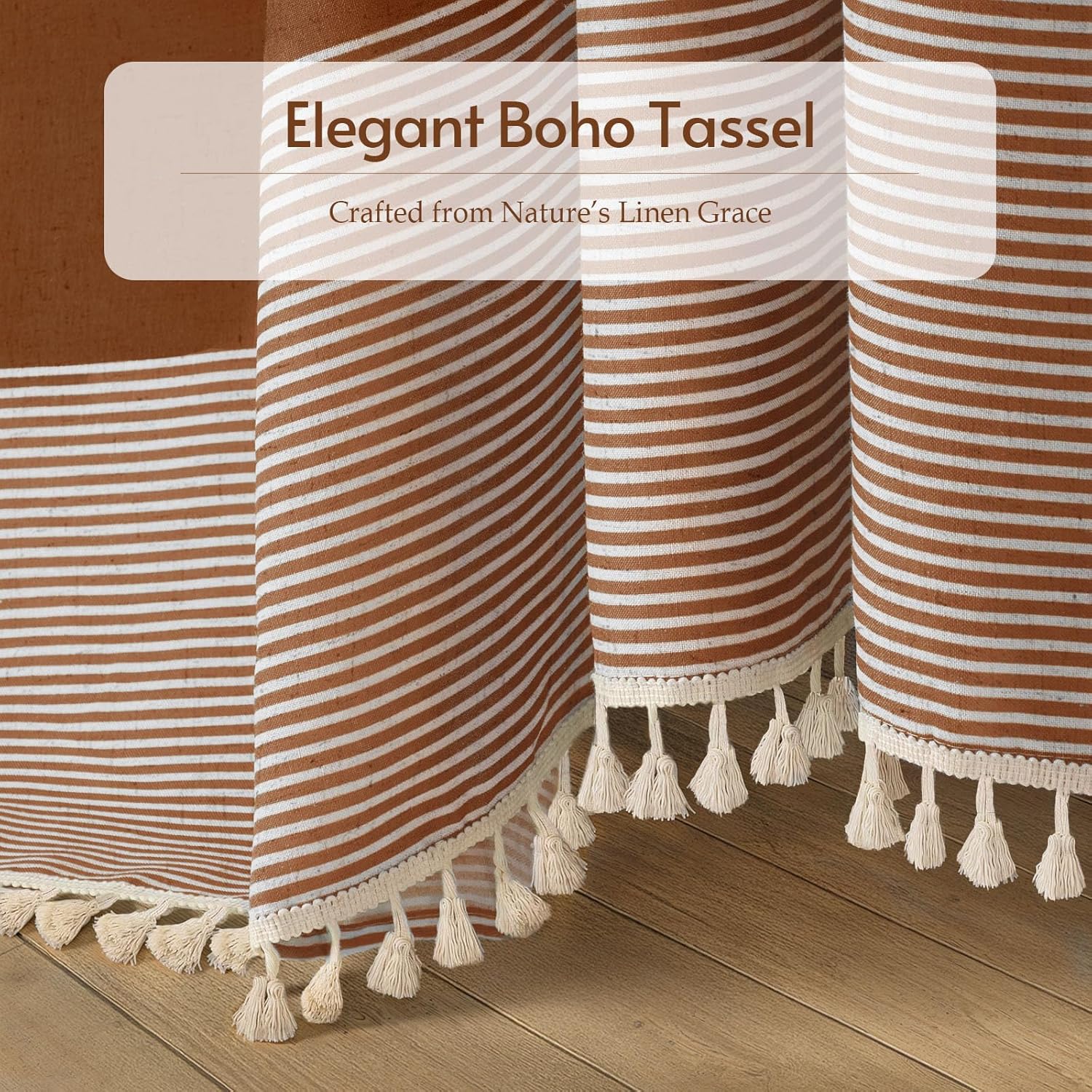 Fall Shower Curtain Boho Linen Striped Shower Curtains for Bathroom with Tassel 72 X 72 Orange