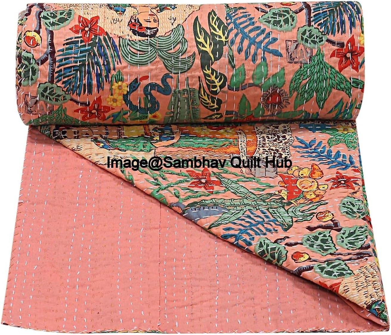 floral Printed Cotton Quilted Blanket Indian Handmade Bedspread Kantha Work Bohemian Bed Decor Throw Blanket Twin/King/Queen (60X90 inches) - Image 3