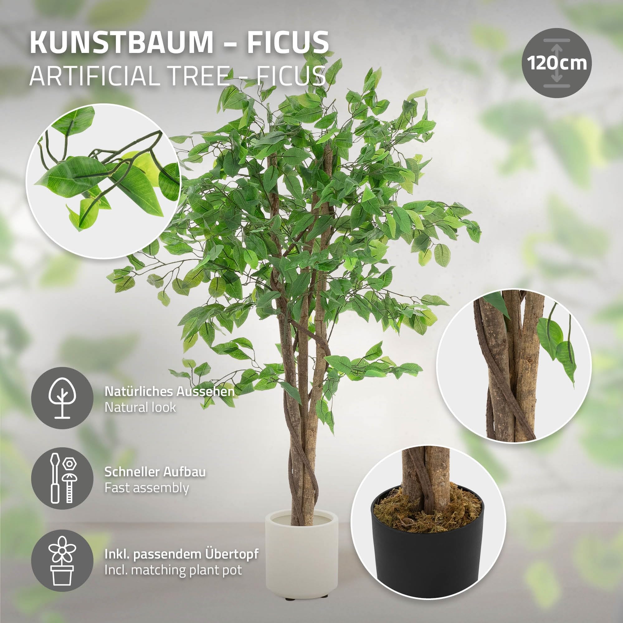 ML Design - Pianta artificiale Ficus, 120 cm, piante artificiali grandi come vere, finte da interno con tronco in legno naturale, per interni ed esterni, facile da pulire, per soggiorno e ufficio