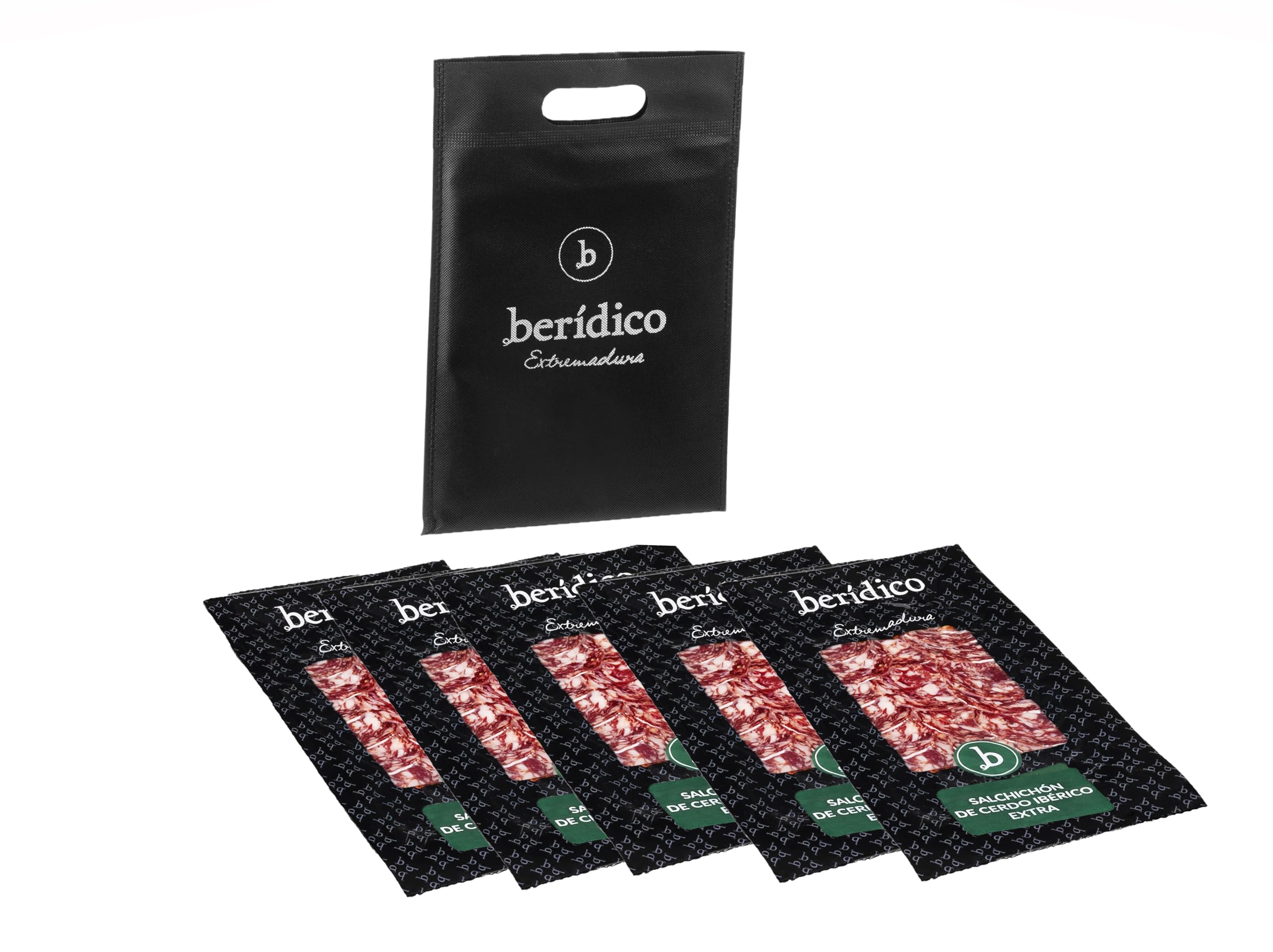 Salchichón Ibérico Extra Pack de 5 sobres de 100 g loncheado y envasados al vacío. Elaborado artesanalmente y curado en secadero natural. Extremadura. BERIDICO
