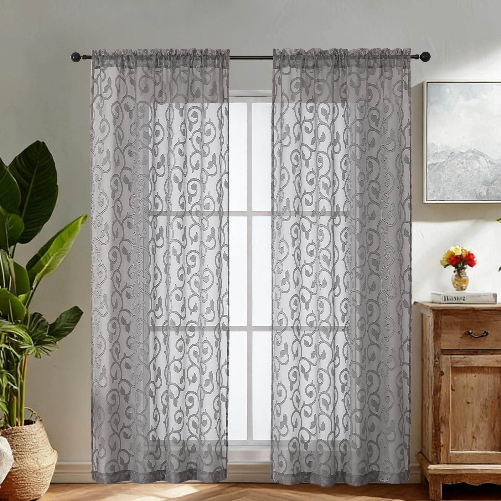 Simplebrand Charcoal Gray Sheer Voile Curtains with Embroidered Pattern, 2 Panels 140x200cm, Dual Rod Pocket Light Filtering Tall Window Curtains