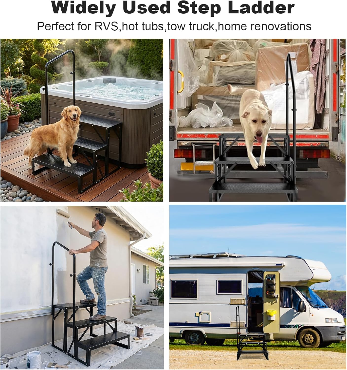 RV Steps with Handrail, 3 Step Heavy Duty Outdoor RV Stairs with Non-Slip Tread, Portable Travel Trailer Steps for Camper, Mobile Home, Hot Tub, 5th Wheel, Anti-Slip Platform