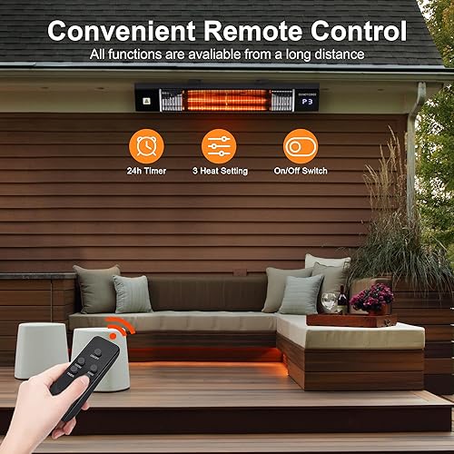 Miniatura 5 de Uthfy Calentador infrarrojo eléctrico para patio de 1500 W montado en la pared con control remoto y temporizador de 24 horas, uso al aire libre