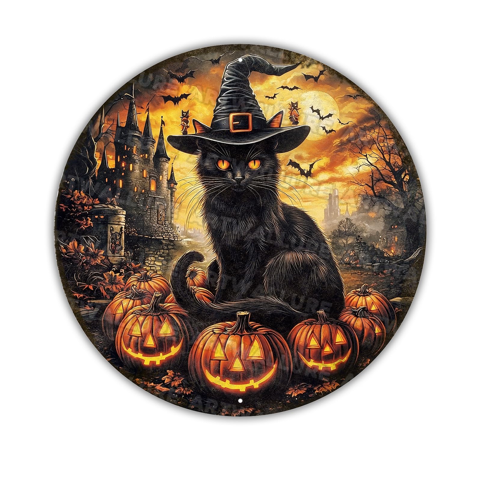 Round Halloween Vintage Sign Black Cat With Bats On Pumpkin Metal Tin Sign for Home Bar Kitchen Hotel Dining Room Coffee 8x8inch