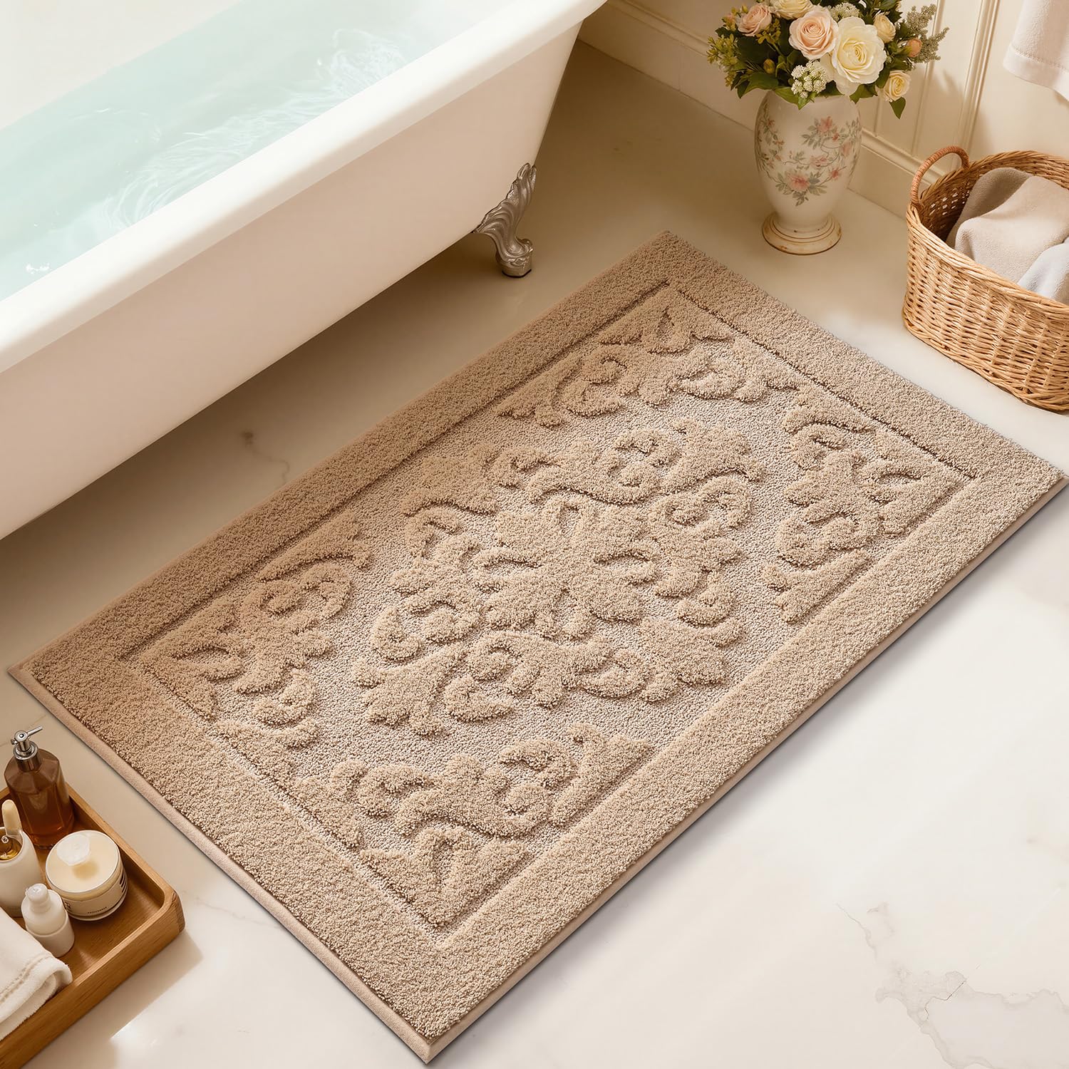 LUMI Ultra Absorbent Bathroom Rug Non Slip Rubber Backing, Machine Washable Bath Mat Soft Premium Microfiber, Elegant Floral Bath Rugs Quick Dry for