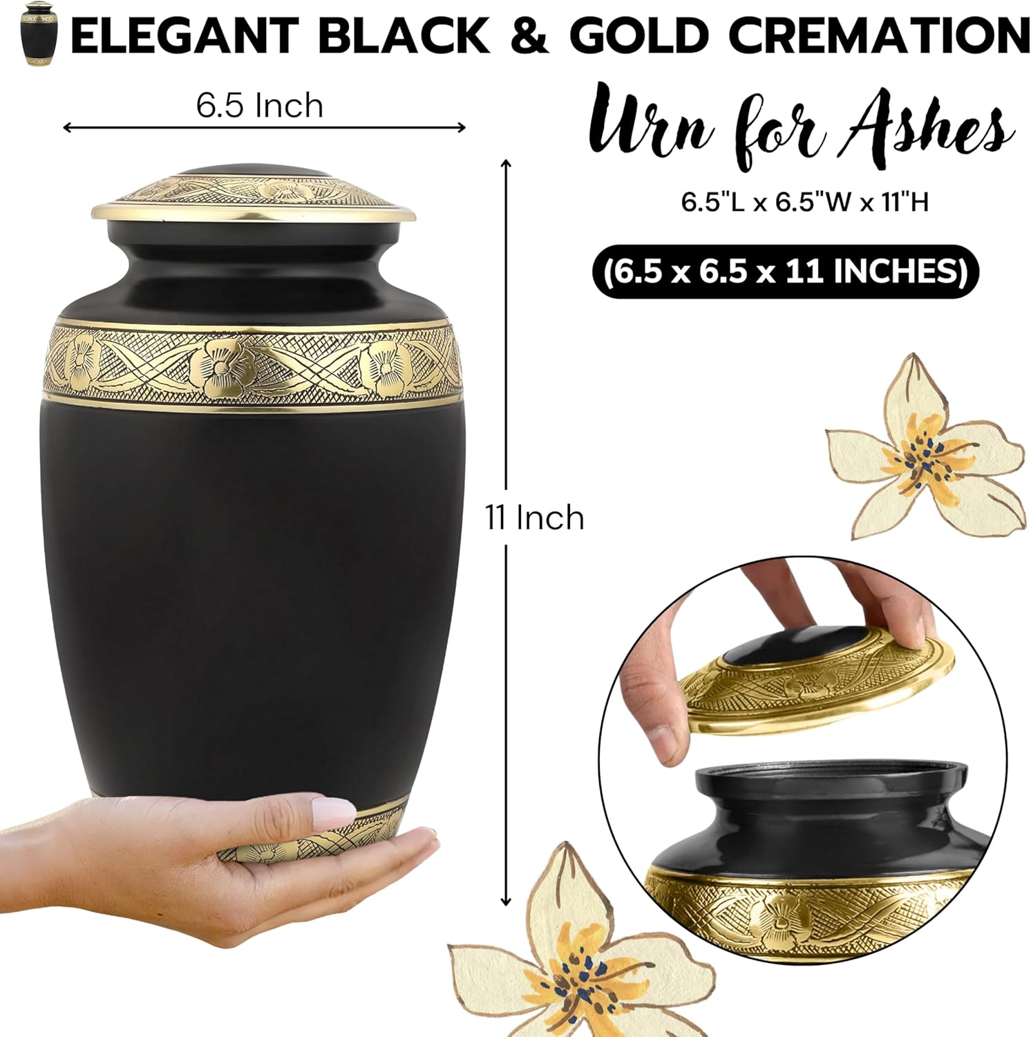 CLEENTABLE Handcrafted Metal Cremation Urn for Adults - Elegant, Durable Funeral & Memorial Urn for Ashes, Decorative Urn with Secure Threaded Lid, Spacious, Timeless Design 11" (Black & Gold) - Image 4