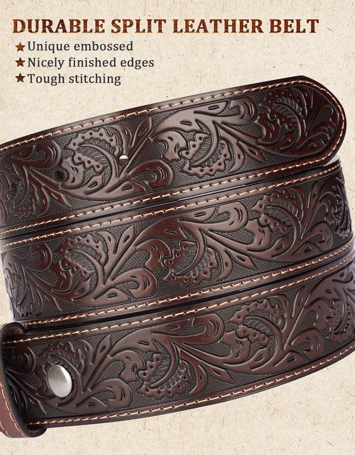 Leather Western Buckle Belts for Woman Men Christmas Gifts, Cowboy Cowgirl Country Embossed Belt for Jeans - Image 3