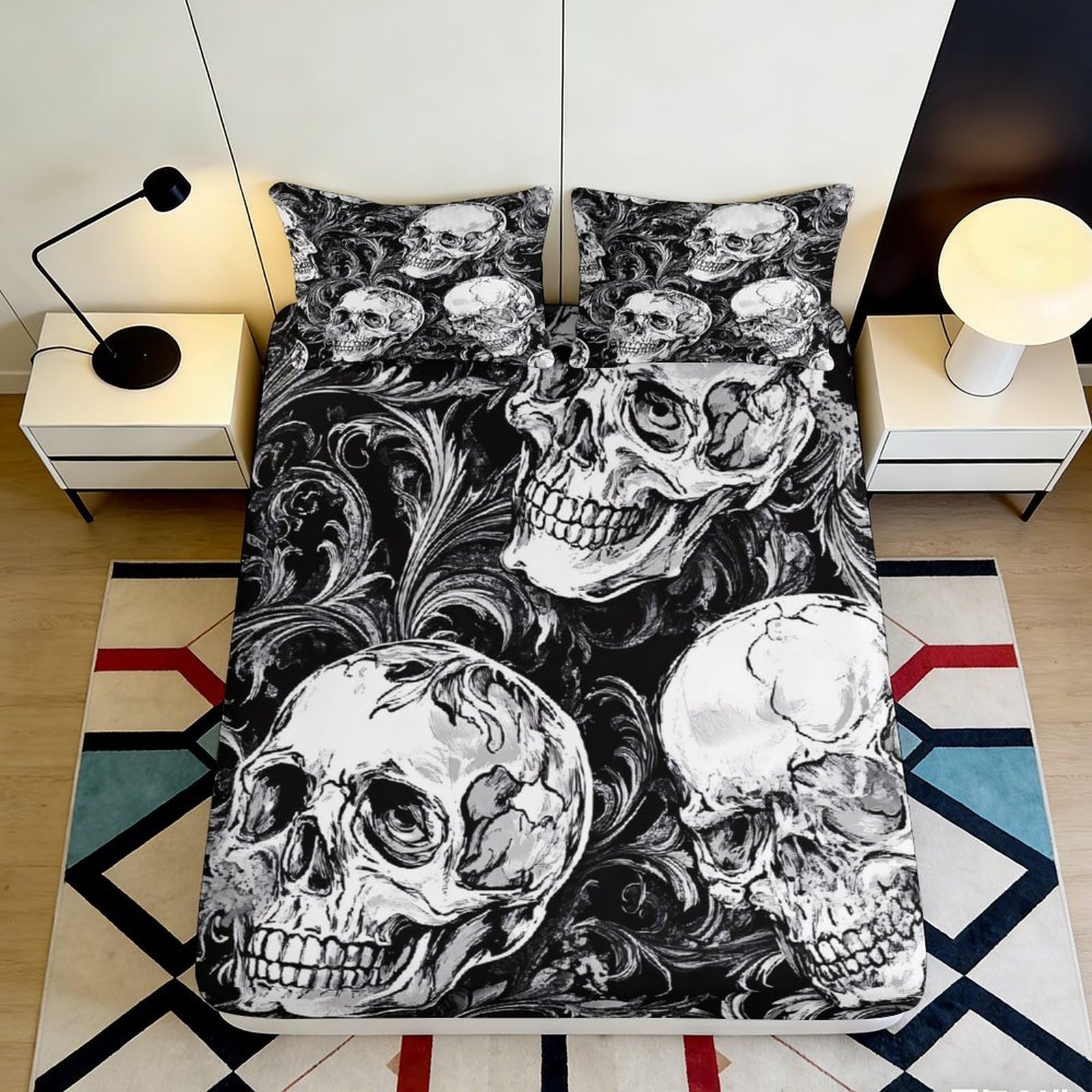 3D Printed Skull Art Fitted Sheet Microfiber Black Gothic Skeleton Mattress Cover for Bedroom Dorm Protection Decor 90x200x25cm