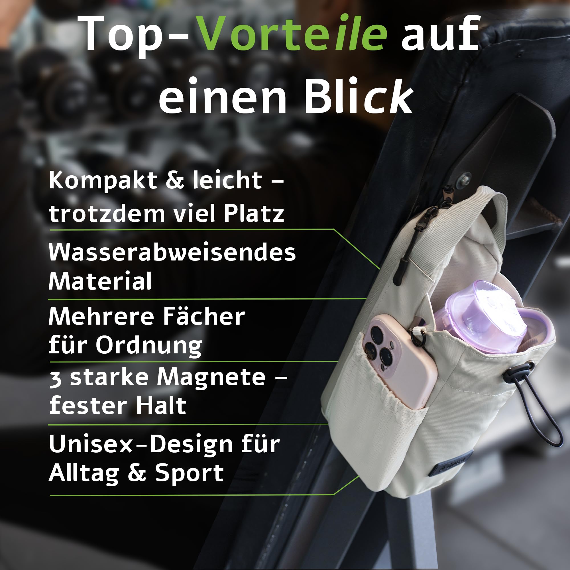 Magnetische Sporttasche mit Flaschenhalter – universelle Schulter- & Umhängetasche für Damen & Herren, ideal fürs Gym, Freizeit & Reisen (Beige)