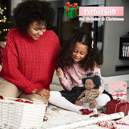 Miniatura 6 de Nice2you Muñeca de bebé negra, muñeca negra africana americana de 10 pulgadas con vestido, muñeca realista Reborn para niños de 2 3 4 5 6 años,
