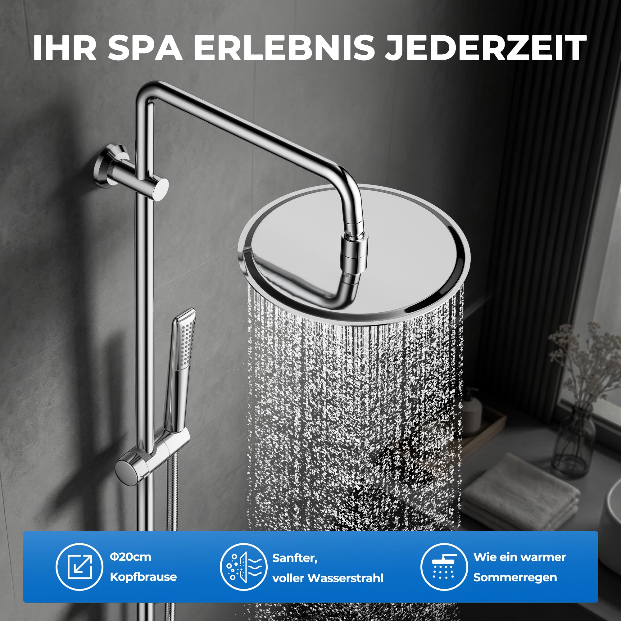 Görbach Columna de Hidromasaje Columna de Ducha Completo sin Grifo Acero Inox Barra de Altura Adjustable Set Ducha con Ducha Mano y Cabezal Ducha Rociador en INOXI D20cm