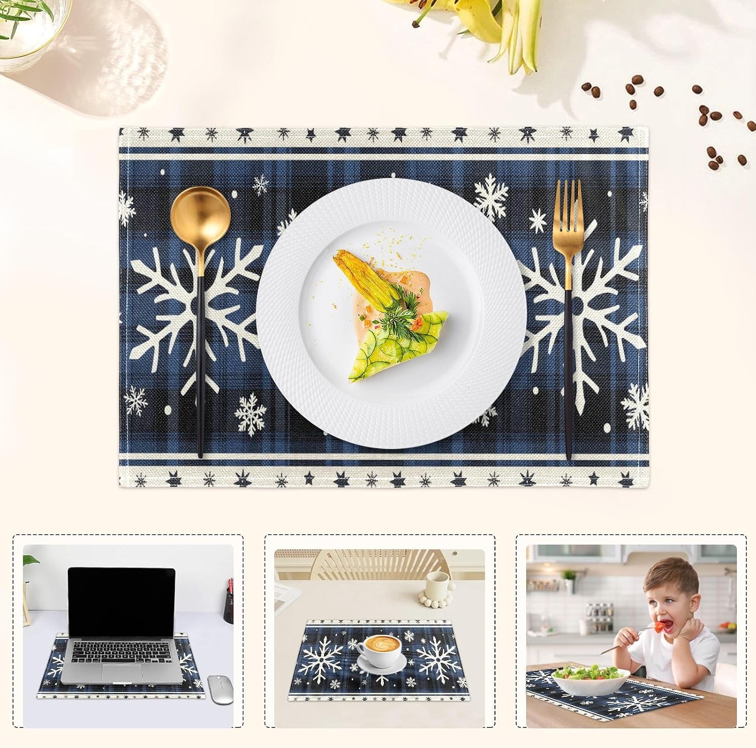 Christmas Snowflake Placemats Set of 6 Blue Black Plaid Winter Dining Place Mats Non-Slip Washable Kitchen Table Mats for Indoor Outdoor Party Christmas Table Decoration,12x18 inch