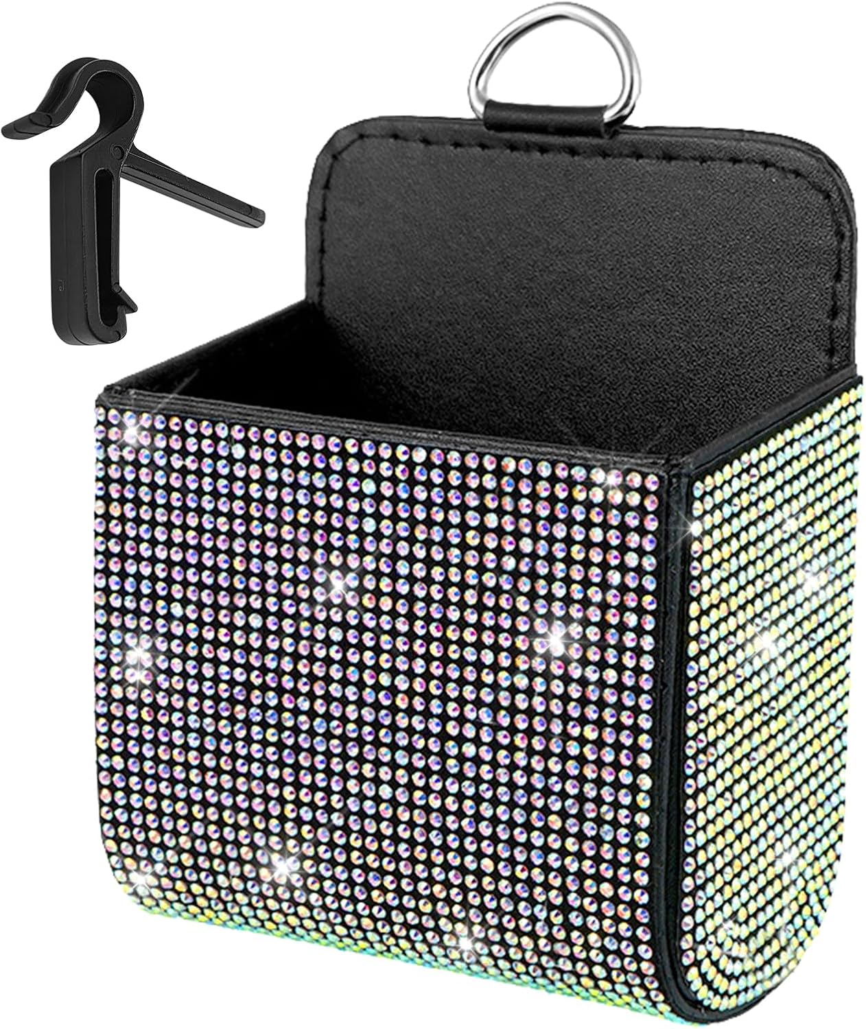 Car Vent Storage Organizer, Coin Holder for Car, Leather Automotive Dashboard Organizer Pocket with Hook, Rhinestone Automotive Vent Leather Pocket for Sunglasses, Keys, Coins (Colorful)