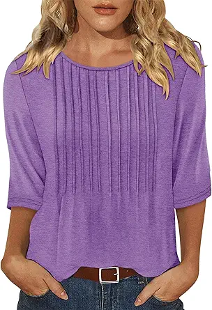 KISSMODA Tunic Tops for Women Loose Fit Dressy Round Neck Pleated 3/4 Length Sleeve Spring Tops