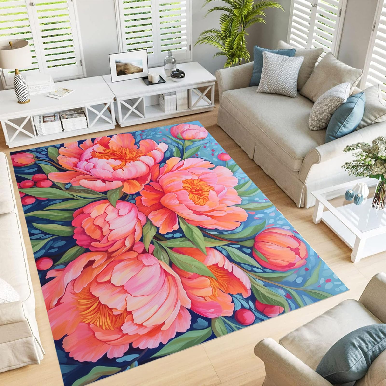 Tapis lavable pivoine salon 150x210cm avec envers antidérapant