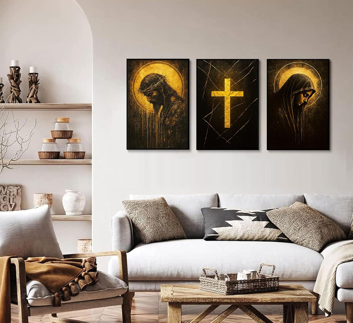 3pcs Black Jesus Canvas Wall Art Jesus Crown of Thorns Modern Christian Poster Print Virgin Mary golden cross Painting Picture Wall Decor for Prayer Room Church Living Room Home Decoration Unframed