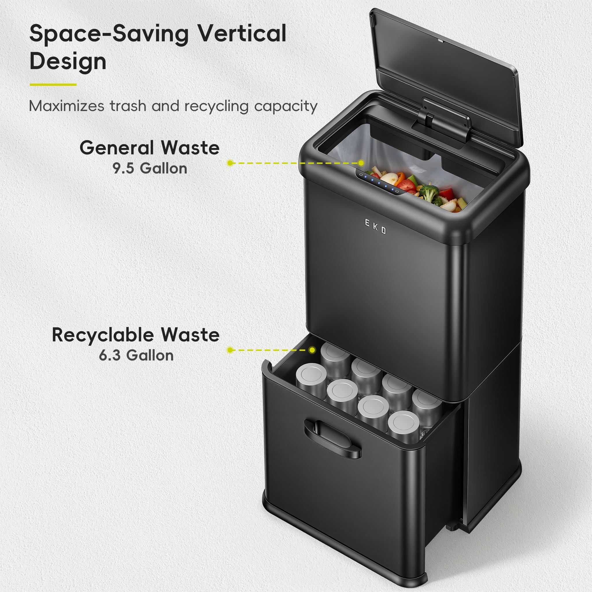 EKO Pattumiera con sensore a 2 scomparti, 32 l + 18 l, design verticale