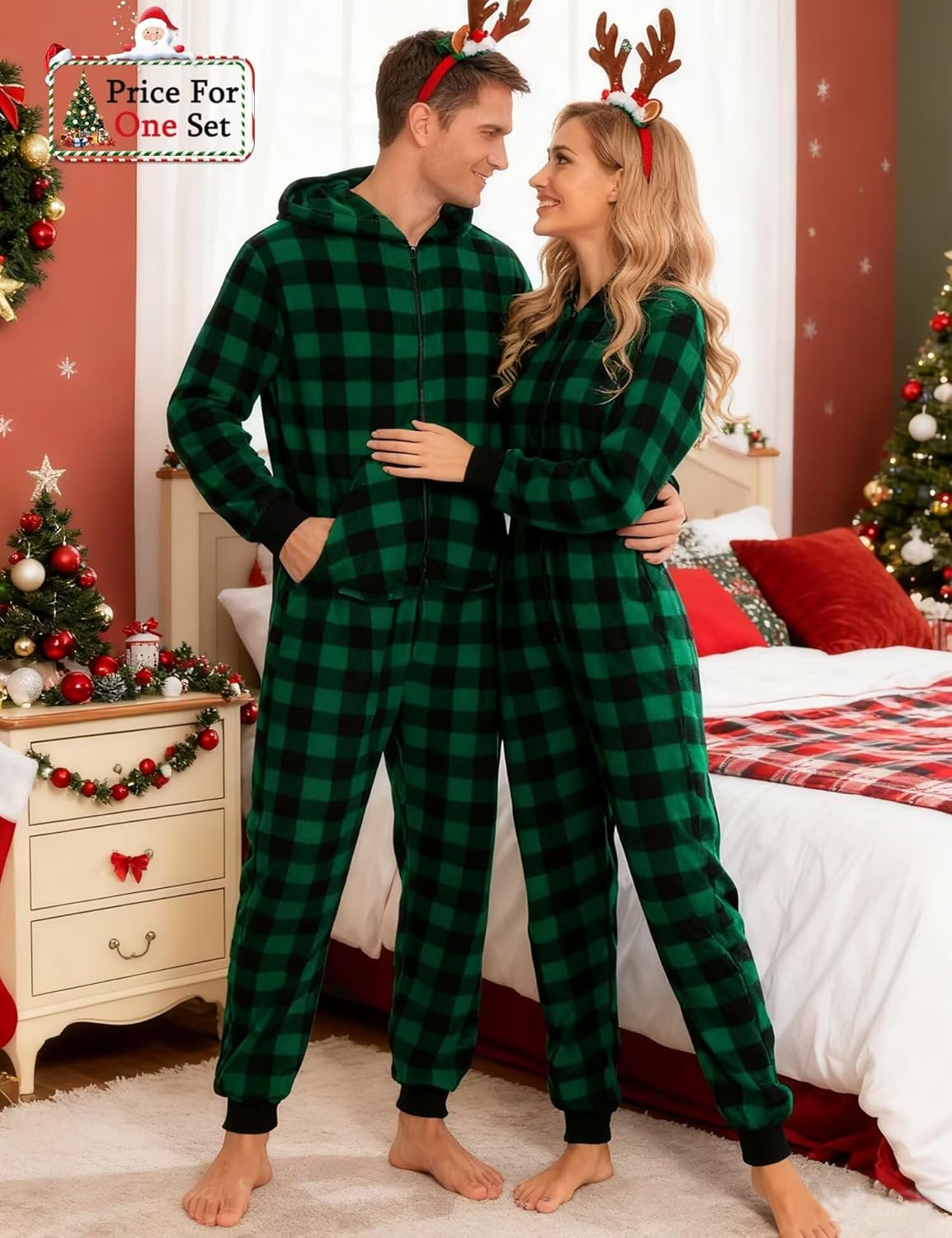 SWOMOG Couples One Piece Pajamas Sets Christmas Men & Women Fleece Winter Loungewear Zip-Up Jumpsuit with Pockets Pjs - Image 2