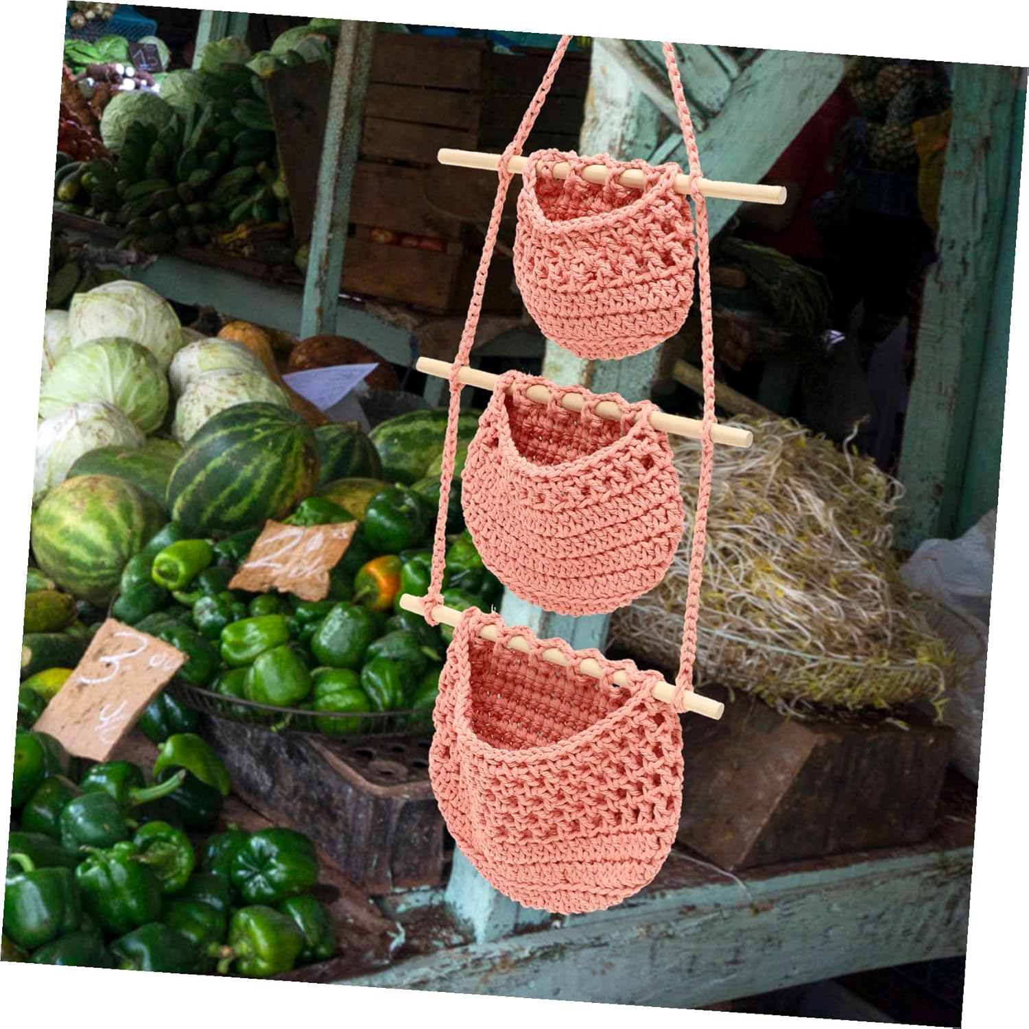 VALICLUD Hand-woven Hanging Fruit Basket Cotton Rope Storage Net for Kitchen Wall Decorative Vegetable Holder Organizer Space-saving Kitchen Accessories for Home and