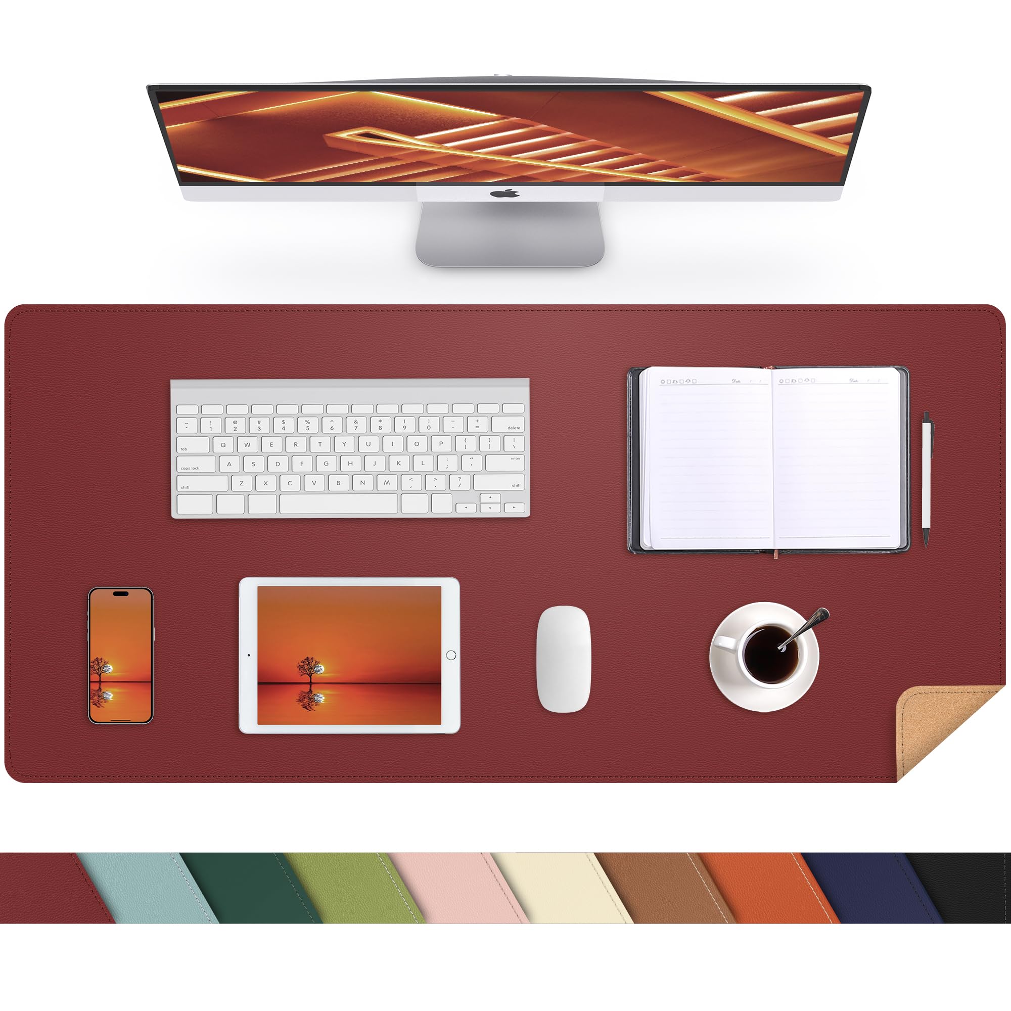 Desk Mat 35" x 17" Leather Desk Pad Protector with Natural Cork & PU Leather, Non-Slip Office Desk Mat, Double-Sided Large Mouse Pad, Waterproof Desk