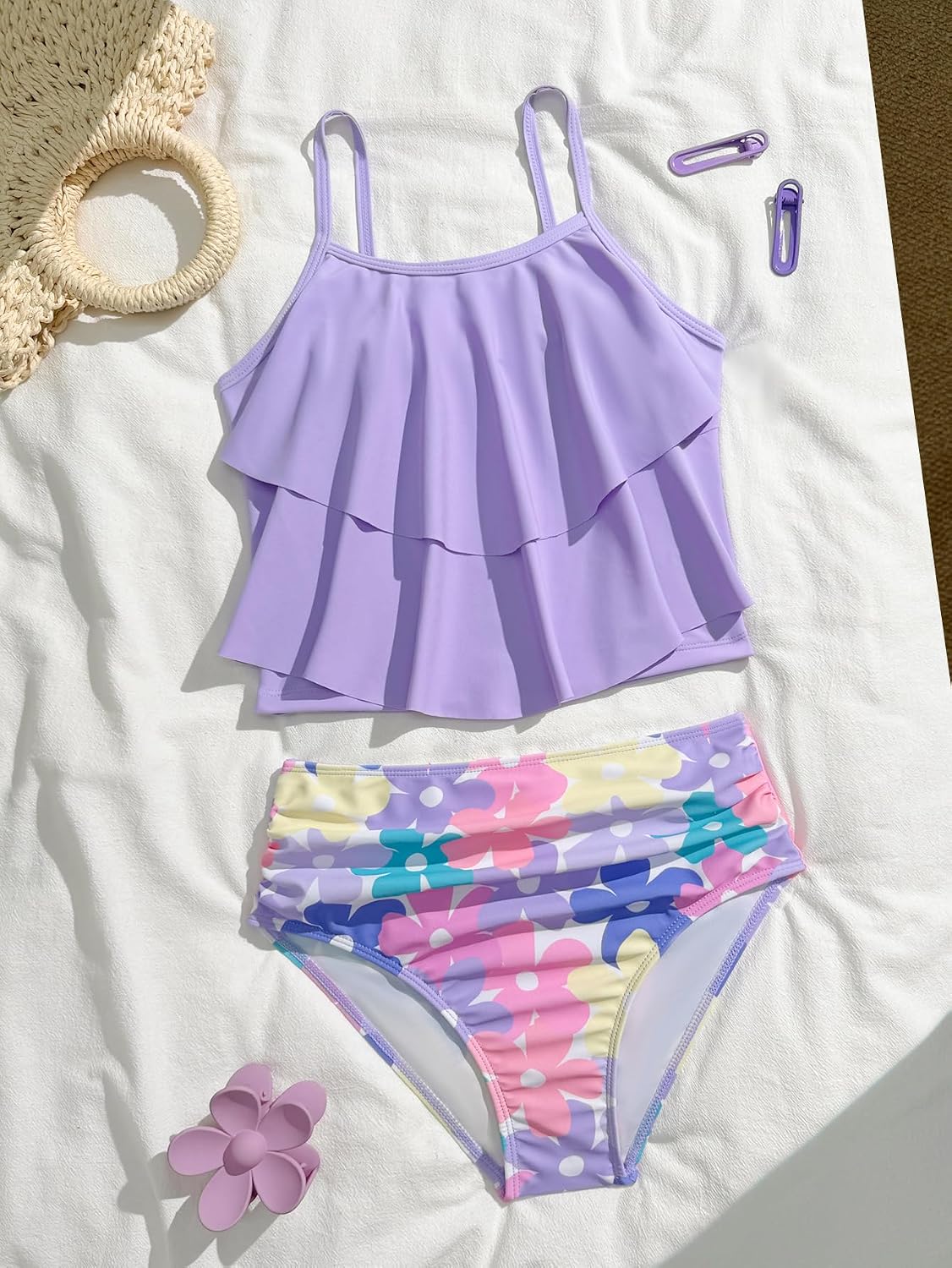 SEGT Girl's 2 Piece Bikini Set Layered Ruffle Camisole Top Bathing Suit Floral Print Ruhed Triangle Swimsuit