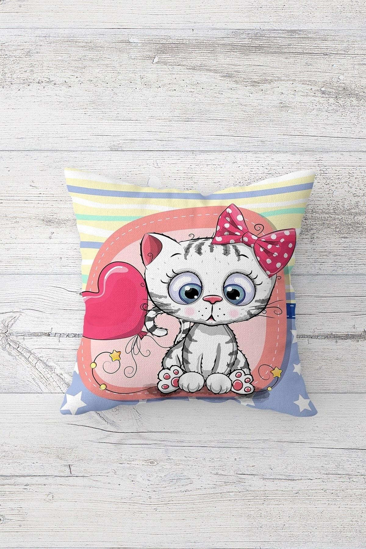 Pelangi Sevimli Kedi Temalı Çift Tarafı Baskılı Gizli Fermuarlı Yastık Kılıfı Kırlent Koltuk Yastık Kılıfı, krem-mavi-beyaz 45 x 45, 2469117445451