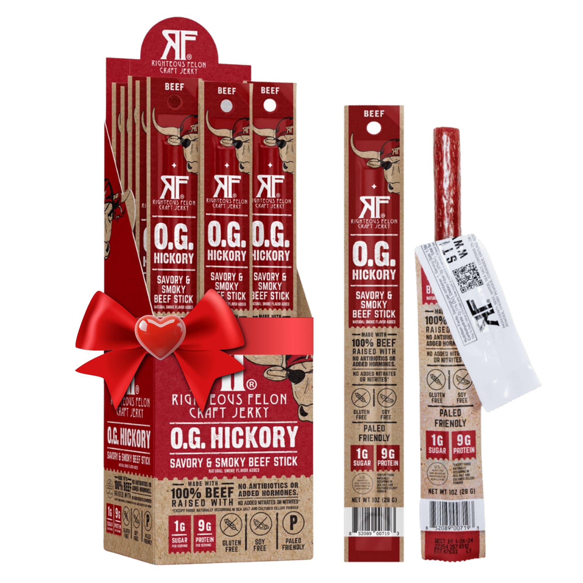 Righteous Felon Meat Sticks | 100% Grass Fed Beef | Keto, Gluten-Free, Low Sugar, High Protein Healthy Snacks | Valentines Day Jerky Gifts for Men | OG Hickory Beef Sticks, 24 Count