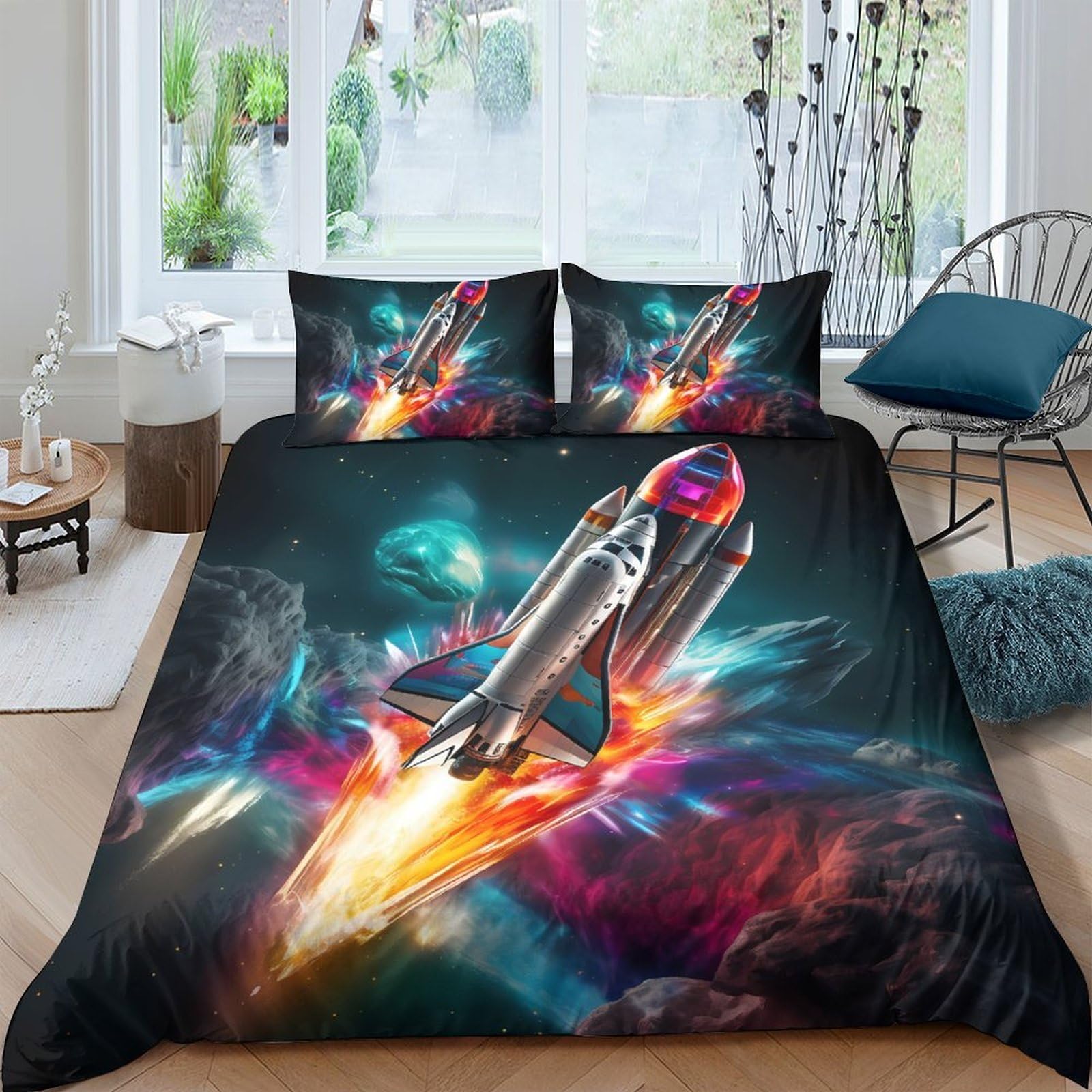 Ctjqhvkz Style-10 3D Printed Rocket Launch Fitted Sheet Microfiber Colourful Space Mattress Cover Bedroom Decor Washable Single（135X200cm）