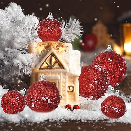 Miniatura 12 de Poen Juego de 24 adornos de bolas de Navidad con brillantina para colgar en el árbol de Navidad, bolas de Navidad de espuma con lentejuelas, Oro rosa