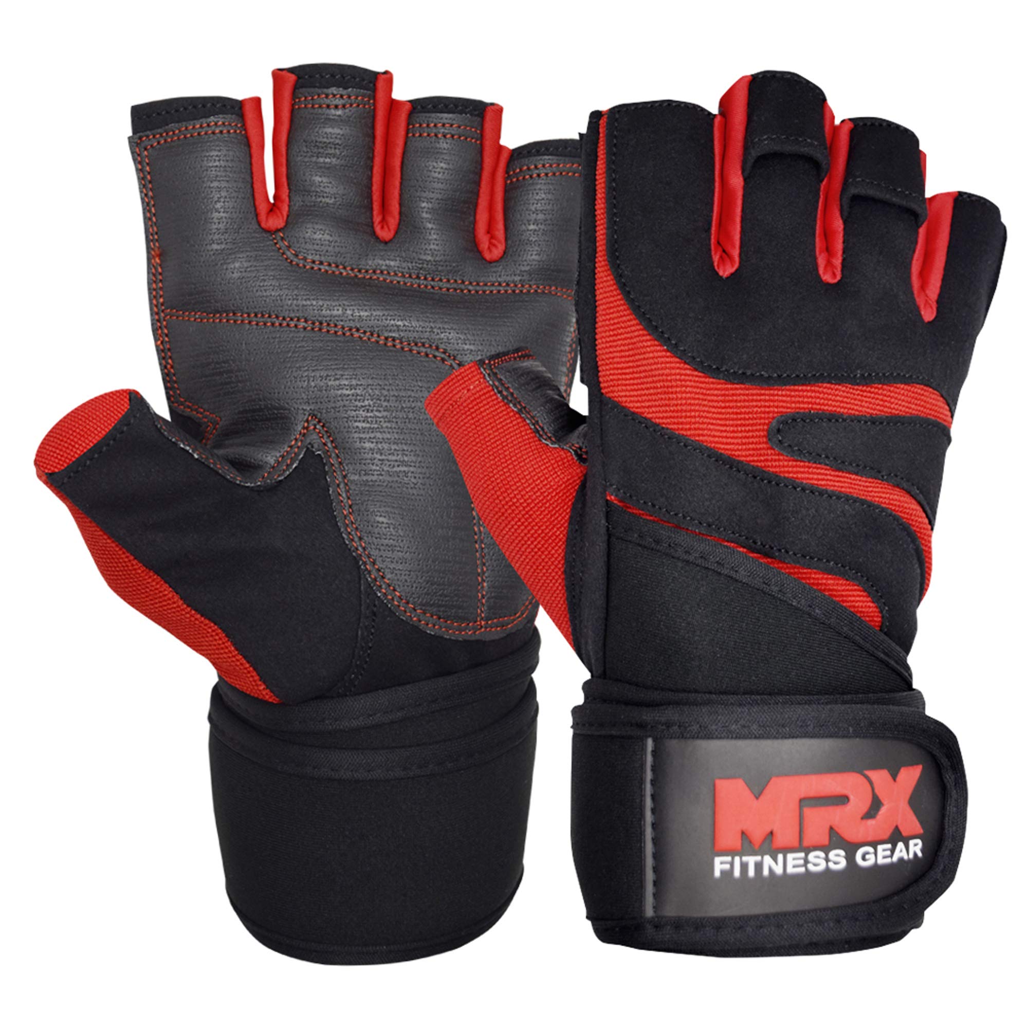 MRX - Guanti per Sollevamento Pesi da Boxe e Fitness, con Supporto Integrato per Avvolgere Il Polso, Mezze Dita, per Costruire Il Corpo, Uomo, Nero e Rosso, Large