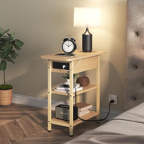 Miniatura 36 de LIDYUK Mesa auxiliar con estación de carga, juego de 2 mesas auxiliares estrechas para espacios pequeños, juego de 2 mesas de noche para dormitorio,