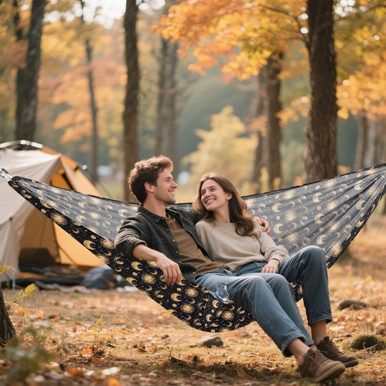 ALAZA Golden Sun Moon Camping Hammocks Single or 2 Person 500 lbs Portable Parachute Travel Hammock w/Tree Straps for Hiking Backpacking Indoor Outdoor