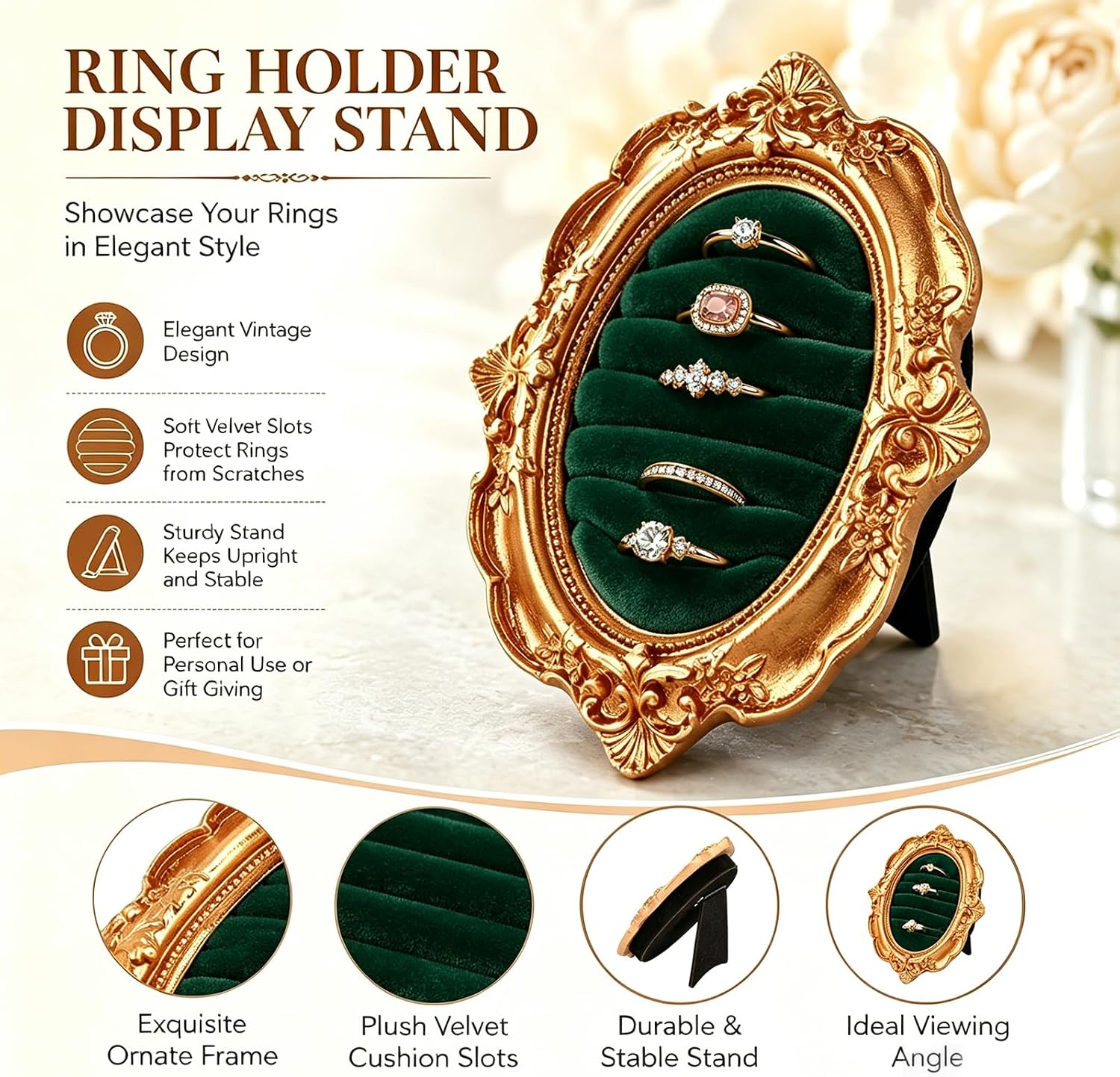 Vintage Gold Oval Ring Holder Display, 6-Slot Jewelry Stand image 4